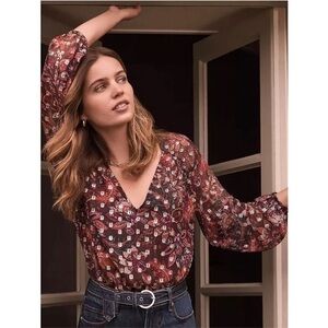 LOFT Large Metallic Floral Blouse Brown Red Sheer Boho Fall Top